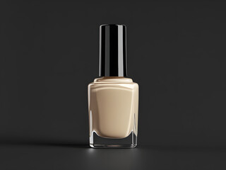 beige nail polish bottle close up studio style photo, against black neutral background