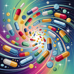 Colorful Capsules and Pills Swirling in Vortex, Medical Pharmacy Concept, Futuristic Healthcare Abstract Illustration
