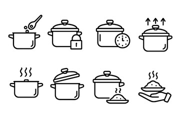 Pressure Cooker Icons. Outline icon set of pressure cooker usage steps: add ingredients, close lid, set timer, build pressure, cook, release steam, open lid,