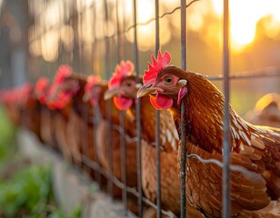 Brown Hens Behind Wire Fence at Sunrise.