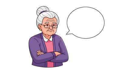 Cartoon illustration of a senior woman with crossed arms and speech bubble for message