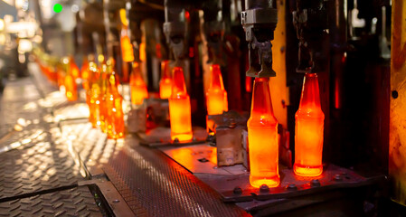 Glass factory, production of glass containers. Molten glass is blown into molds. Robotics in industry. Modern technologies, robotic machines produce products. Technological work at the plant.