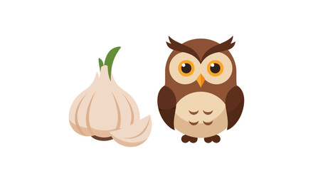 Cute vector illustration featuring a garlic bulb and a charming cartoon owl character
