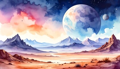 Colorful alien landscape with a large moon