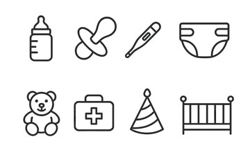 Children's Icons Collection. Outline icon set of children?s health and care: baby bottle, pacifier, thermometer, diaper, teddy bear, first aid kit, stroller,