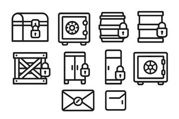 Secure and Share Icons. Outline icon set of locked and sealed containers: locked chest, safe box, sealed barrel, locked cabinet, secured crate, locked locker,