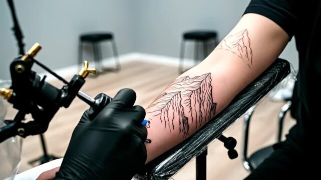 Tattoo artist making a mountain outline tattoo on a woman's forearm in a professional tattoo studio, close up shot with black gloves, footage.