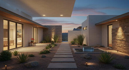 A modern desert house with a private, enclosed courtyard