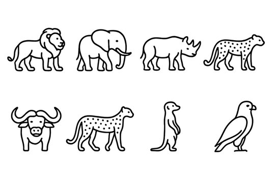 South African Icon Set. Outline icon set of South African wildlife: Lion, Elephant, Rhino, Leopard, Buffalo, Cheetah, Meerkat, African fish eagle. Line icons