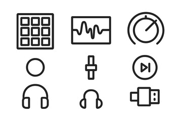 Beat Sampling Tool Icons. Outline icon set of beat sampling tools: drum pad, waveform display, tempo dial, play/pause button, record light, volume slider,