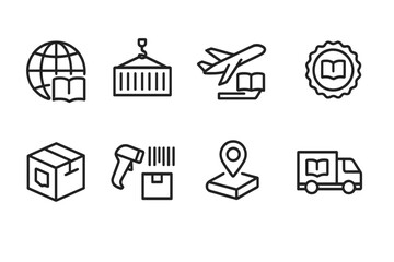 International Book Shipment Icons. Outline icon set of international book shipment: globe icon, shipping container, plane delivery, customs stamp, package box,