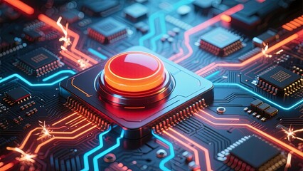 a futuristic glowing cybernetic button on a high tech digital circuit board illuminated background 3d render