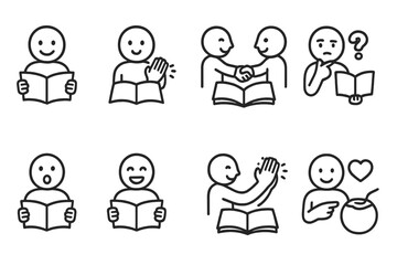 Icon Sets_ Emotions & Cuisine. Outline icon set of book club emotions: smile, applause, handshake, thinking, surprise, laughter, applause, heart. Line icons in
