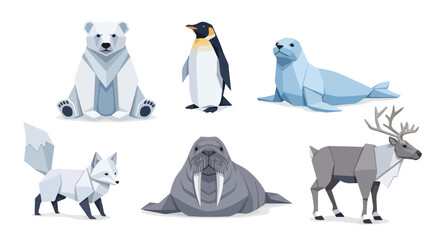 Cute Origami Arctic and Antarctic Animals Collection Polar Bear Penguin Seal Fox Walrus Reindeer Flat Geometric Style