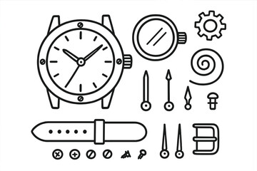 Fototapeta premium Watch Doodle Icons. Hand-drawn doodle illustration bezel watch face, watch hands, crown, dial markers, screws, metal frame, glass cover, strap, buckle, gear,