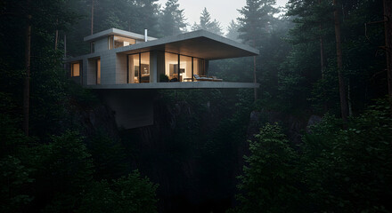 A modern dwelling with a dramatic cantilever over a forest ravine