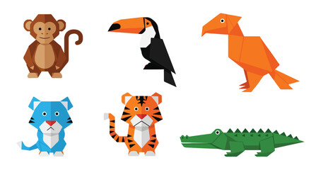 Origami Animals Collection Monkey Toucan Eagle Tiger Lion Crocodile Vector Illustration