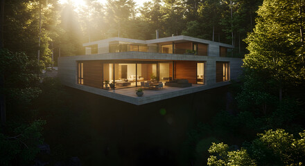 A modern dwelling with a dramatic cantilever over a forest ravine