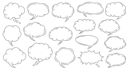 Collection of hand drawn speech bubbles in various shapes and sizes for different communication