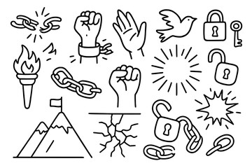 Breaking Free Symbols. Hand-drawn doodle illustration Freedom and breaking chains broken chain, hand breaking shackle, clenched fist, open hand, lock, key,