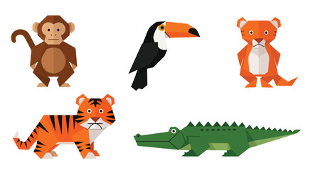 Cute geometric jungle animals set with monkey toucan tiger and crocodile for kids illustration projects