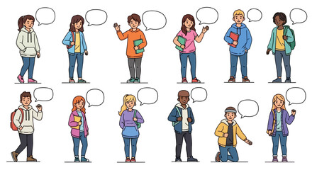 Diverse group of cartoon students with speech bubbles ideal for educational content or announcements