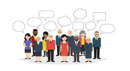 Diverse group of people with speech bubbles representing communication and ideas sharing