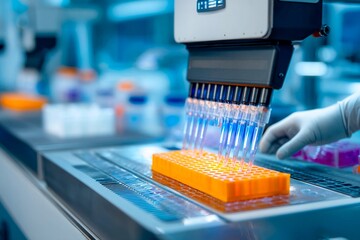 In a well-lit laboratory, a scientist operates a pipetting system, accurately transferring liquids into sample containers. The environment is clean and organized, indicating a focus on research