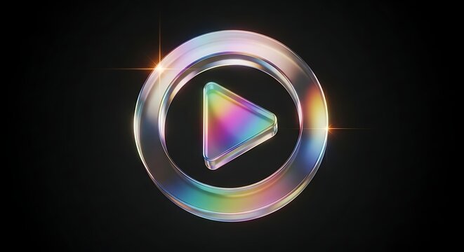 A holographic iridescent play button icon with rainbow light flares and reflections against a dark background symbolizing digital media streaming and entertainment