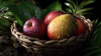 A basket of red apples and yellow mangoes, with water droplets on the fruit, surrounded by green leaves on a dark background, product photography.