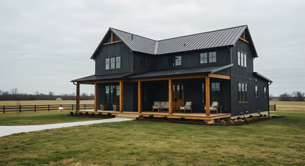 A modern farmhouse with black siding and a large covered porch