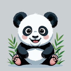 Cute cartoon panda sitting among green leaves with a happy expression  
