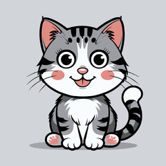 Cute cartoon gray cat with striped fur and big eyes sitting  