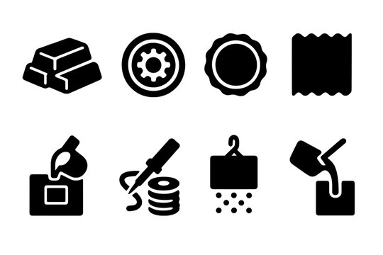 Zinc Alloys Icons. Solid, filled icon set of zinc alloys: brass, bronze, nickel silver, galvanized steel, die casting, solder, zinc plating, metal casting.