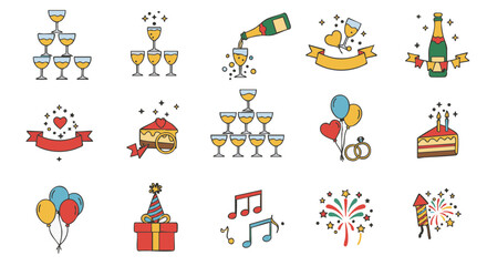 Naklejka premium Vector icons set champagne glasses pyramid festive celebration