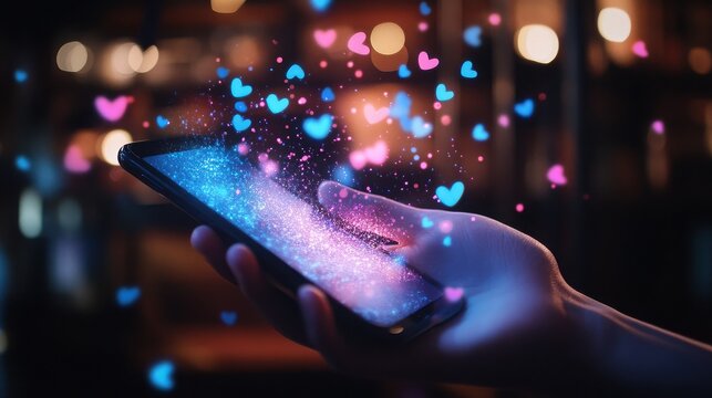 A hand holding a tablet with hearts floating above it in a dark blurred background with bokeh lights