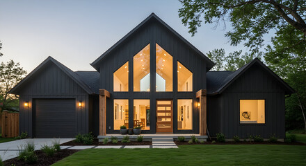 A modern farmhouse with dark siding and large, bright windows