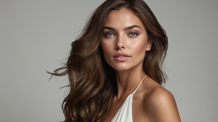 Retrato de Mujer con Mirada Definida, Ideal para Tutoriales de Maquillaje, Paletas de Sombras Nude y Guías de Belleza.