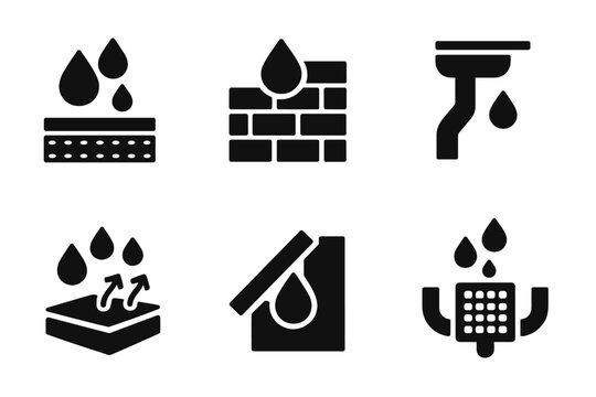 Construction Moisture Icons. Solid, filled icon set of moisture in construction: waterproof membrane, damp proofing, gutter, downspout, foundation seal, vapor