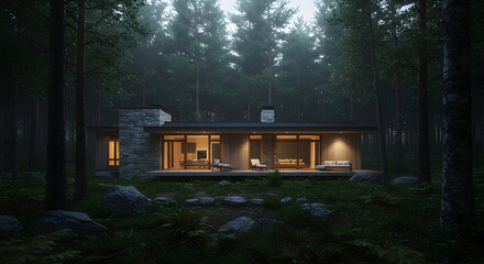 A modern forest retreat with a serene, contemplative atmosphere