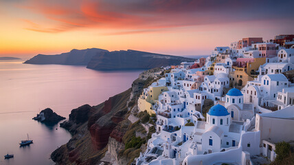 Oia Village Panorama at Dusk A Stunning View of Santorini's Whitewashed Buildings and Caldera at Sunset