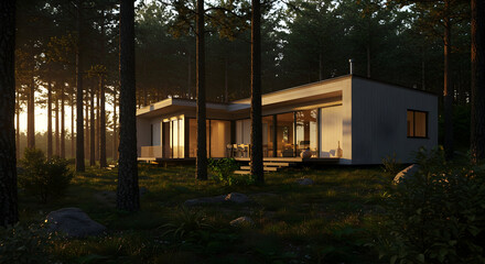A modern forest retreat with a serene, contemplative atmosphere