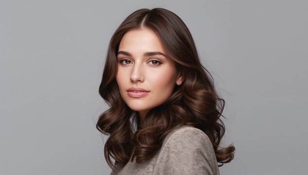 Cabello Ondulado Casta&ntilde;o con Movimiento Natural: Retrato de Belleza Femenina para Anuncios de Productos de Peinado, Cuidado Capilar Org&aacute;nico y Tendencias de Ondas Suaves.