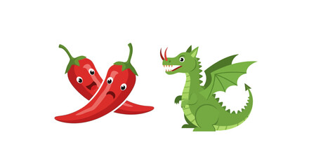 Humorous Illustration of Cartoon Dragon Encountering Expressive Chili Peppers