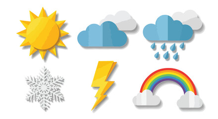 Collection of Flat Design Weather Icons Sun Clouds Rain Snow Lightning Rainbow Perfect for Weather Apps and Forecasts