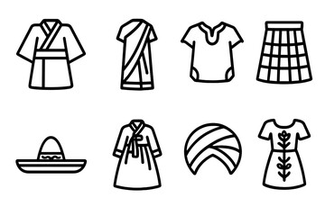 Traditional Clothing Icons. Outline icon set of traditional clothing: kimono, sari, dashiki, kilt, sombrero, hanbok, turban, embroidered dress. Line icons in