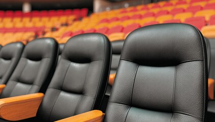 Rows of empty black leather seats in an auditorium await an audience
