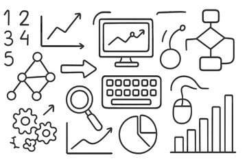 Doodle Data Matrix. Hand-drawn doodle illustration matrix visualization grid, numbers, graphs, arrows, computer screen, flowchart, nodes,