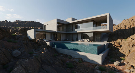 A modern home integrated seamlessly into a rocky landscape
