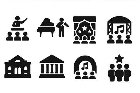 Orchestra Icons Set. Solid, filled icon set of orchestra events and venues: concert, recital, gala, festival, opera house, symphony hall, open air stage,